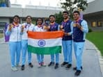 Gold medalist Indian women archers Jyothi Surekha Vennam, Parneet Kaur and Aditi Gopichand Swami pose for photos with gold medalist compatriot men archers  Ojas Pravin Deotale, Prathamesh Samadhan Jawkar and Abhishek Verma after the Compound Team Archery events at the 19th Asian Games