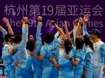 Hangzhou: Indian players celebrate winning the women's kabaddi semifinal match against Nepal at the 19th Asian Games, in Hangzhou, China