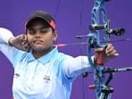 India's Jyothi Surekha Vennam competes against South Korea's So Chae-won in the archery compound women's individual gold medal match during the 2022 Asian Games in Hangzhou in China's eastern Zhejiang province