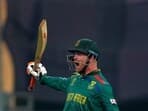 Heinrich Klaasen celebrates his century during the ICC Men's Cricket World Cup 2023 match between England and South Africa