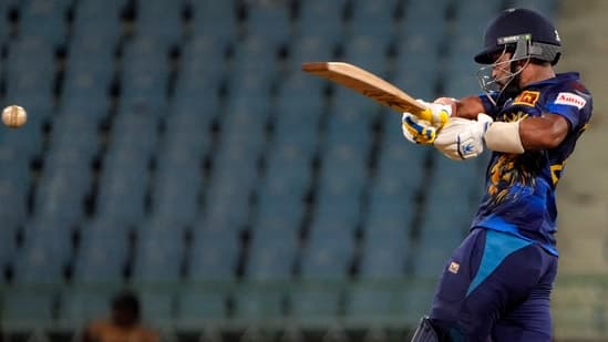Sadeera Samarawickrama plays a shot during the ICC Men's Cricket World Cup 2023 match between Sri Lanka and Netherlands.