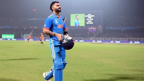 Virat Kohli celebrates his century during the match against South Africa in the ICC Men's Cricket World Cup 2023, at Eden Gardens in Kolkata on Sunday.