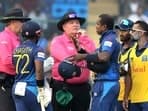 Sri Lanka's Angelo Mathews in a discussion with the umpires after being timed out during the match against Bangladesh in the ICC Men's Cricket World Cup 2023, at Arun Jaitley Stadium in New Delhi on Monday.