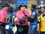 Sri Lanka's Angelo Mathews in a discussion with the umpires after being timed out during the match against Bangladesh in the ICC Men's Cricket World Cup 2023, at Arun Jaitley Stadium in New Delhi on Monday.