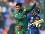 Bangladesh's captain Shakib Al Hasan gestures during the 2023 ICC Men's Cricket World Cup match vs Sri Lanka