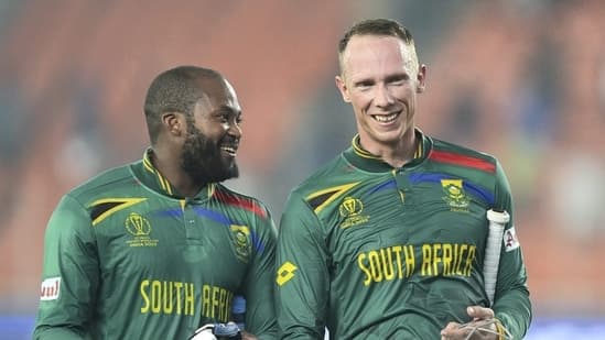 Ahmedabad: South Africa's batters Andile Phehlukwayo Rassie van der Dussen after their win in the ICC Men's Cricket World Cup 2023 match between Afghanistan and South Africa, at Narendra Modi Stadium, in Ahmedabad, Friday, Nov. 10, 2023. (PTI Photo/Arun Sharma) (PTI11_10_2023_000387B)