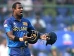 Sri Lanka's Angelo Mathews reacts after being timed out during the match against Bangladesh in the ICC Men's Cricket World Cup 2023, at Arun Jaitley Stadium in New Delhi



