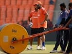 India's Rohit Sharma and fielding coach T Dilip during practice