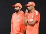 India's head coach Rahul Dravid and captain Rohit Sharma during a practice session at Narendra Modi Stadium in Ahmedabad on Saturday. (ANI)