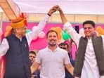 Congress leader Rahul Gandhi with Rajasthan chief minister Ashok Gehlot and party leader Sachin Pilot during 'Congress Guarantee Rally' in Churu district on November 16. 