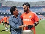 Sachin Tendulkar gifts Virat Kohli his signed jersey ahead of the ICC Men's Cricket World Cup 2023 final match between India and Australia