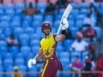 Brandon King of West Indies celebrates his half-century during the 2nd T20I against England