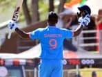 India's Sanju Samson celebrates his century during the 3rd ODI match against South Africa of India's tour of South Africa, 2023-24 at Boland Park, Paarl