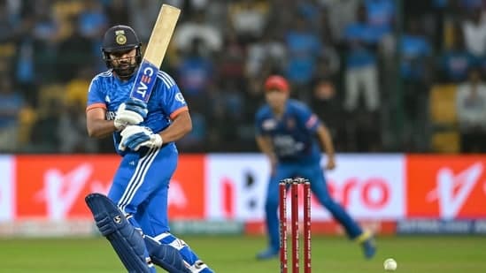 India's captain Rohit Sharma plays a shot during the super over of third and final Twenty20 international cricket match between India and Afghanistan