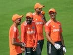 India's Axar Patel, KS Bharat, Yashasvi Jaiswal and Mukesh Kumar during a practice session 