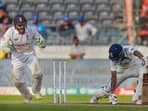 England wicketkeeper Ben Foakes  celebrates the dismissal of India's Srikar Bharat 
