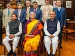New Delhi: Union Finance Minister Nirmala Sitharaman with Ministers of State Pankaj Chaudhary and Bhagwat Karad and her team of officials a day before presentation of the Interim Budget 2024, at her North Block office in New Delhi, Wednesday, Jan. 31, 2024. (PTI Photo/Atul Yadav)  