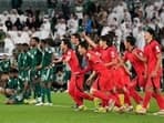 South Korea celebrates after winning the game in a penalty kick shoot-out during the Asian Cup round of 16 soccer match between Saudi Arabia and South Korea at Education City Stadium Al Rayyan