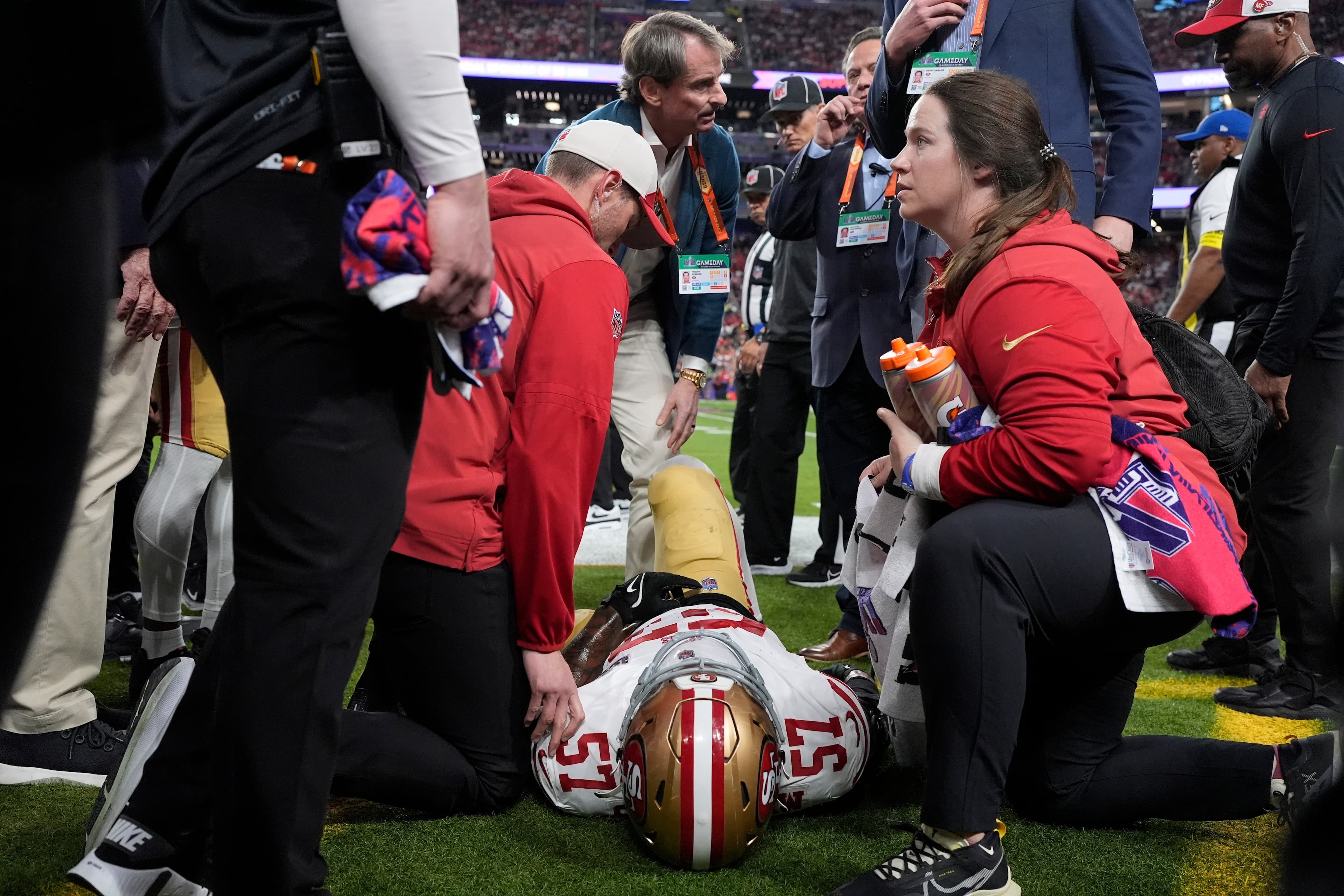 San Francisco 49ers linebacker Dre Greenlaw (57) is helped after an injury against the Kansas City Chiefs during the first half of the NFL Super Bowl 58 football game Sunday, Feb. 11, 2024, in Las Vegas. (AP Photo/George Walker IV) (AP)
