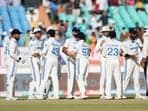 India's players celebrate after India won the third Test against England in Rajkot