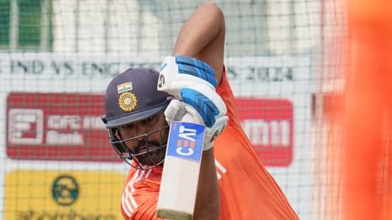 <p>Captain Rohit Sharma could be seen focused while batting in the nets. He will be looking to post a big score.</p>