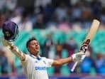 India's Yashasvi Jaiswal celebrates scoring 200 runs against England
