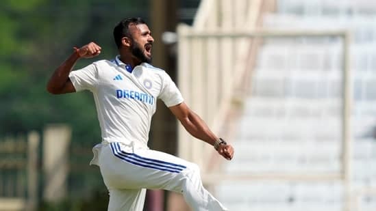 India's Akash Deep enjoyed a stellar first day in Test cricket, as he picked three wickets in the opening session; here, he celebrates the wicket of Zak Crawley&nbsp;