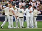 Australian players celebrate New Zealand's Kane Williamson being caught during day three of the 1st International cricket Test match between New Zealand and Australia at the Basin Reserve in Wellington on March 2