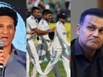 Sachin Tendulkar and Virender Sehwag react to India's win in 5th England Test