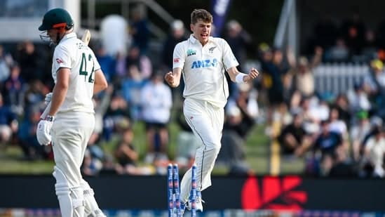 New Zealand's Ben Sears celebrates after taking the wicket of Australia's Cam Green.