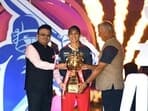 BCCI President Roger Binny and BCCI Secretary, Jay Shah present the WPL 2024 Trophy to the Royal Challengers Bangalore captain Smriti Mandhana