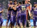 KKR players surround Harshit Rana (C) after the side's win over SRH
