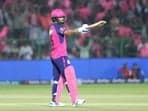 Rajasthan Royals' Riyan Parag celebrates his fifty during the match against Delhi Capitals in the Indian Premier League 2024, at Sawai Mansingh Stadium in Jaipur on Thursday