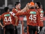 Sunrisers Hyderabad's skipper Pat Cummins celebrates a wicket during the match against Chennai Super Kings in the Indian Premier League (IPL)