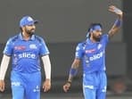 Mumbai Indians' captain Hardik Pandya and Rohit Sharma during the Indian Premier League (IPL) 2024 T20 cricket match