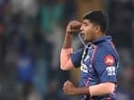 Lucknow Super Giants' Yash Thakur celebrates the wicket of Gujarat Titans' Rashid Khan during the Indian Premier League cricket match between Gujarat Titans and Lucknow Super Giants in Lucknow