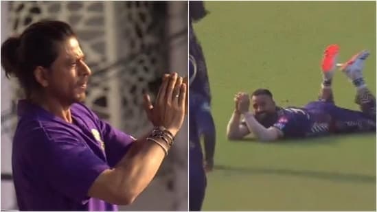 Shah Rukh Khan (L), the KKR co-owner, applauds Ramandeep Singh after the latter's brilliant catch against LSG