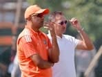 India's coach Rahul Dravid and BCCI chief selector Ajit Agarkar during the Test series against England