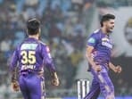Kolkata Knight Riders bowler Harshit Rana celebrates the wicket of Lucknow Super Giants batter Kurnal Pandya during the Indian Premier League (IPL) 2024 T20 cricket match between Lucknow Super Giants and Kolkata Knight Riders