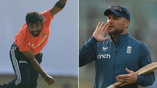 Jasprit Bumrah (L) defended 11 off the over against Brendon McCullum (R) and Aaron Finch