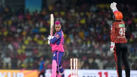 Rajasthan Royals' Shimron Hetmyer reacts after getting bowled out by Sunrisers Hyderabad's Abhishek Sharma