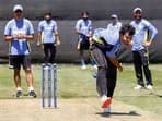 Shivam Dube bowls in the nets ahead of India's T20 World Cup opener against Ireland.