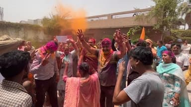 Shiromani Akali Dal workers celebrating after Harsimrat Kaur Badal's victory at Punjab's Bathinda on Tuesday.