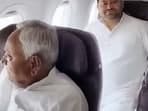 Bihar chief minister Nitish Kumar aboard a flight with RJD leader and former Bihar deputy chief minister Tejashwi Yadav en route to Delhi on Wednesday. 