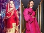 Meena Kumar in a sharara from the romantic classic Pakeezah (1972) and (R) Aditi Rao Hydari in a modern rendition of the sharara with a cape   
