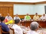Prime Minister Narendra Modi with BJP president JP Nadda, TDP chief N Chandrababu Naidu, JD(U) chief Nitish Kumar and other leaders during a meeting of NDA at PM's residence, on June 5