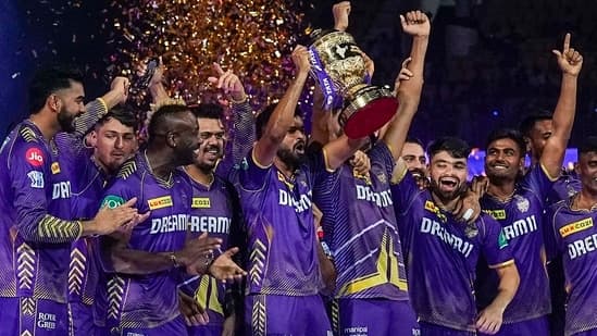 Chennai: Kolkata Knight Riders players celebrate with the Indian Premier League (IPL) 2024 trophy after winning the final match against Sunrisers Hyderabad at MA Chidambaram Stadium