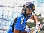 Indian cricket team captain Rohit Sharma bats during a training session ahead of the ICC Men's T20 World Cup cricket match against Pakistan.