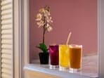 L to R: Blue butterfly pea iced tea, lemongrass iced tea and Thai iced tea