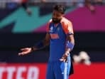 Hardik Pandya of India reacts during the ICC Men's T20 Cricket World Cup West Indies & USA 2024 match between India and Pakistan.